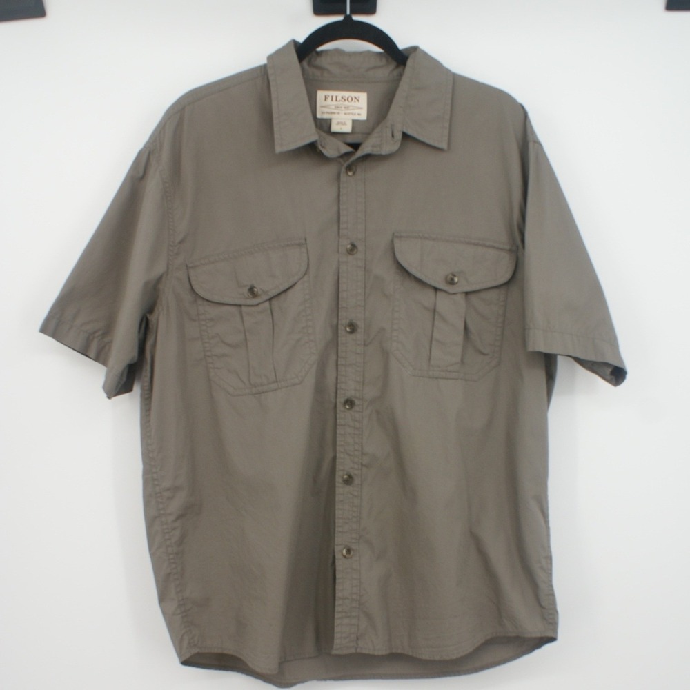 Filson Mens Short Sleeve Button Down Shirt Light Olive Cotton FCOP006801 Large